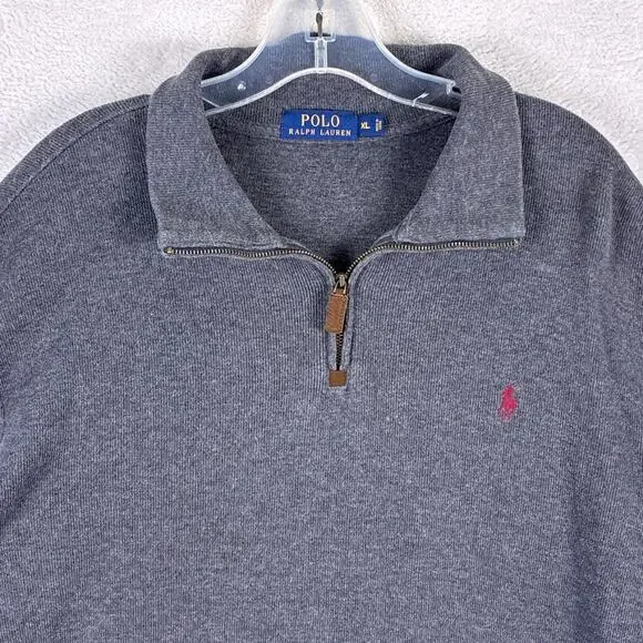 Polo Ralph Lauren 1/4 Zip Sweater Mens XL Gray Red Pony Pullover Preppy Classic