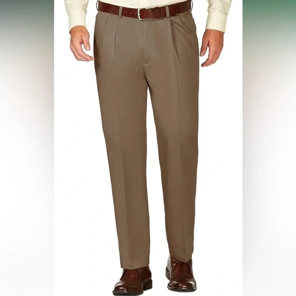 Men's Haggar Cool Right Pleated Classic Fit Tan Pants Sz 38X30L