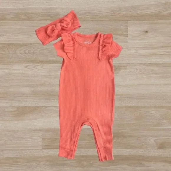 Baby Cat and Jack Girl's‎ Orange Ribbed Romper with Matching Bow 0-3 months