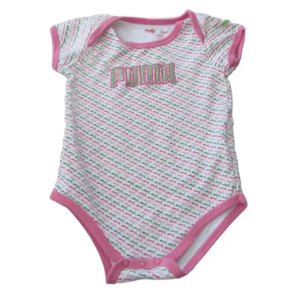 Puma One Piece Bodysuit Infant Girls Size‎ 6-9M Pink White Striped Short Sleeve