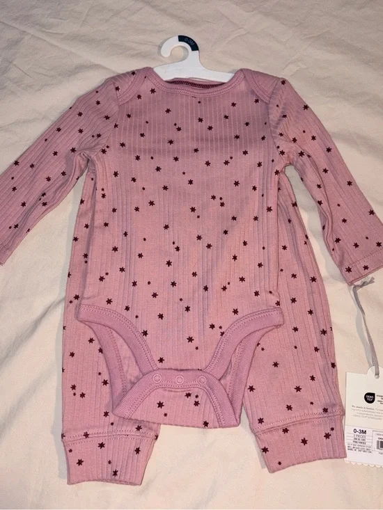 Cloud Island Long-Sleeve Pink Star Ribbed Baby One-Piece Bodysuit