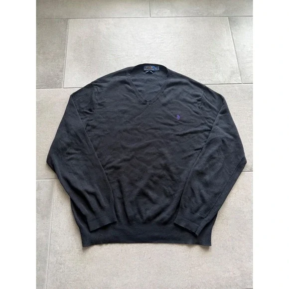 Polo‎ Ralph Lauren Mens XL Black Pima Cotton V-Neck Sweater Purple Pony Logo
