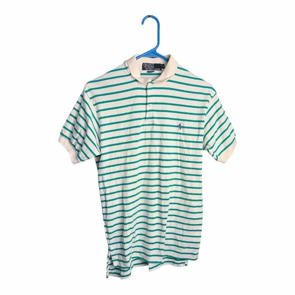 Vintage Polo Ralph Lauren Polo Shirt Green & White Striped Polo Made USA Sz M