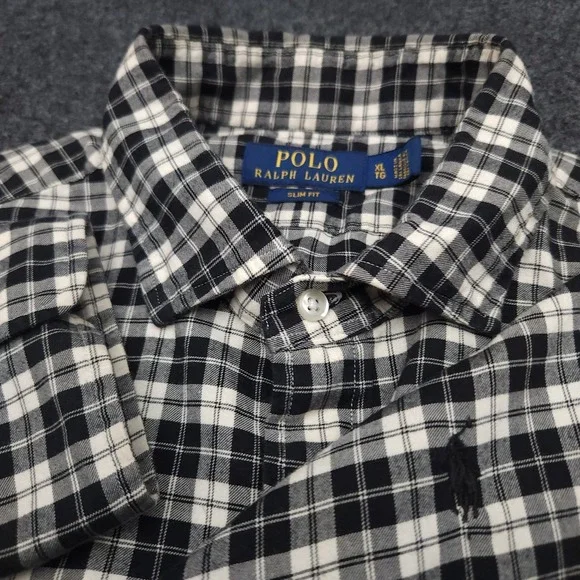 Polo Ralph Lauren Mens XL White Black‎ Plaid Slim Fit Button Up Shirt