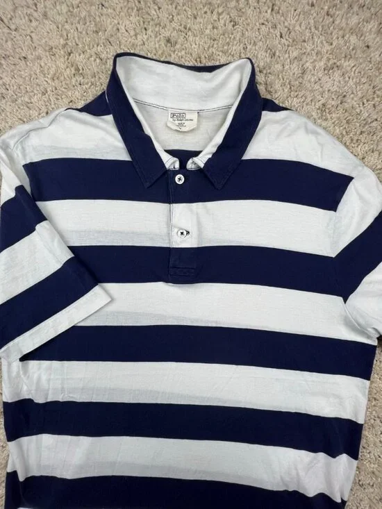 Polo Ralph Lauren Polo Shirt THIN LIGHTWEIGHT LONG White Blue Striped Medium