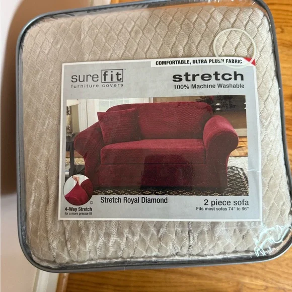 Sure Fit Stretch Sofa Cover in beige royal diamond pattern