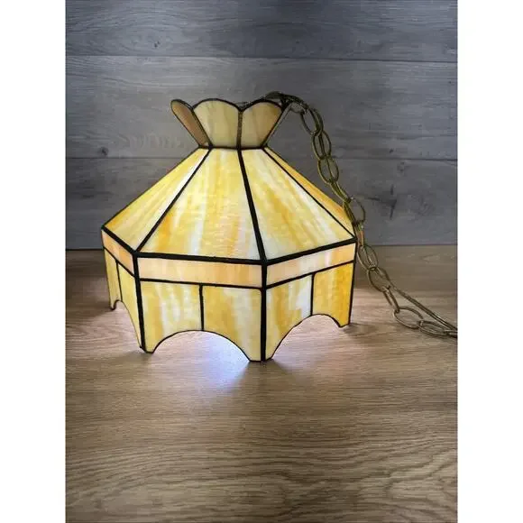 VTG 1970s Stained Glass Hanging Bar Tiffany Style Ceiling Lamp Shade 11.25x9.25”