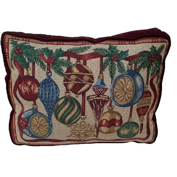 Christmas Ornaments Tapestry Throw Pillow Red Velvet Back 16x12x3