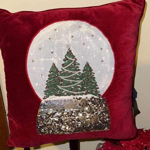 Festive Red Holiday Pillow with Sequin Snow Globe Design