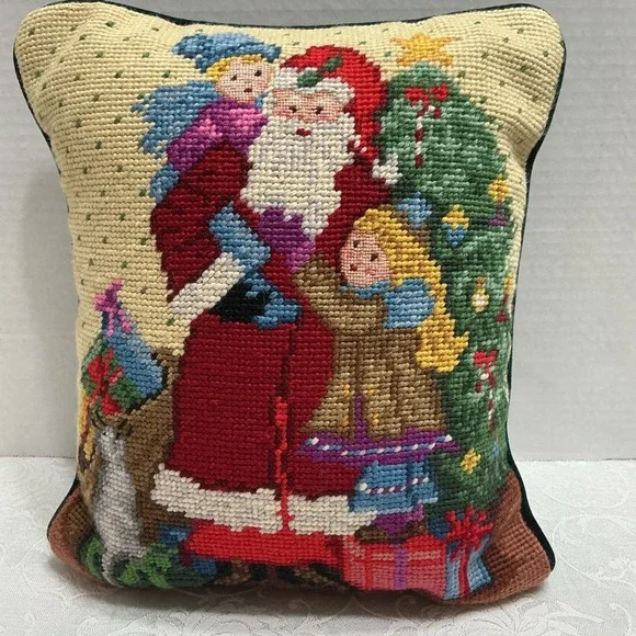 Christmas Needlepoint Throw Accent Pillow Santa Children Tree Gifts Zipper