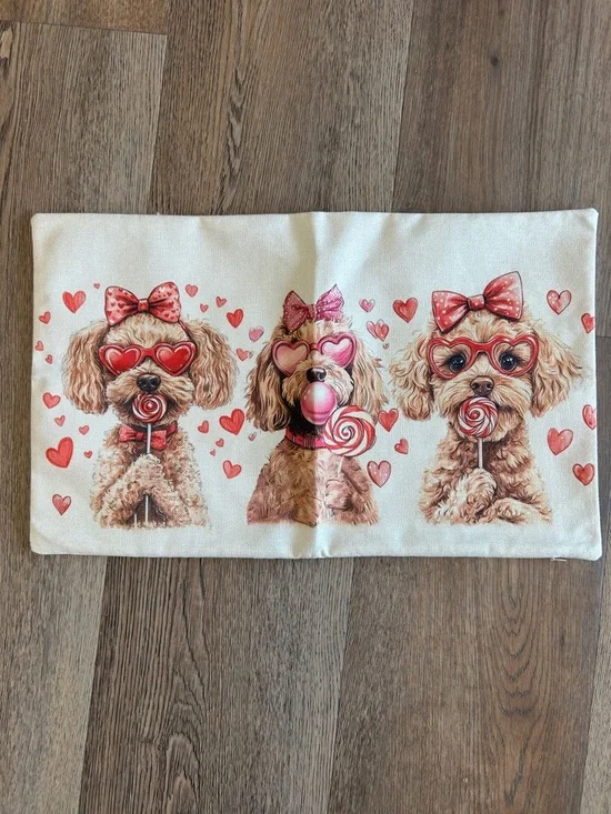 Cream Valentine Pillow Cover with Trio of Heart-Theme Dogs