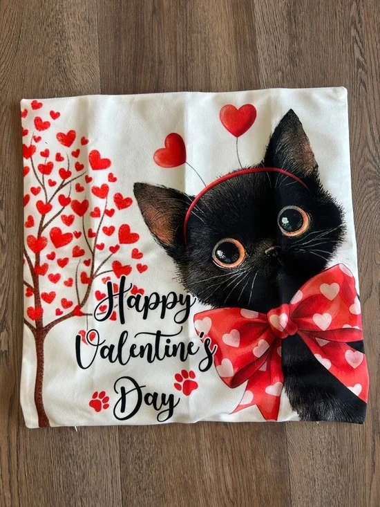 Valentine's Black Cat Pillow Cover with Red Heart Bow