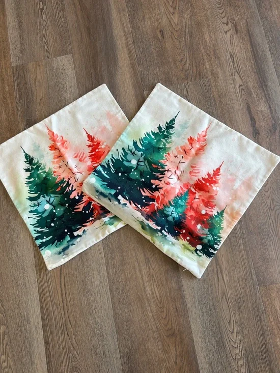 Watercolor Pine Tree Holiday Pillow Covers - Green & Coral