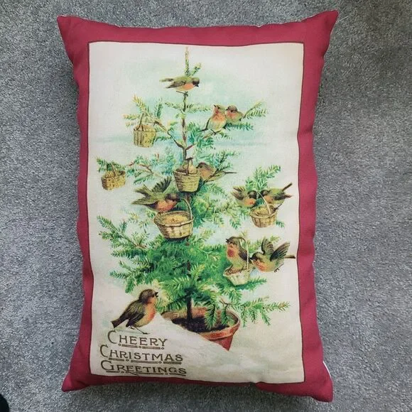 Vintage Christmas Pillow Needlepoint Appearance Cheerful Birds Tree Holiday