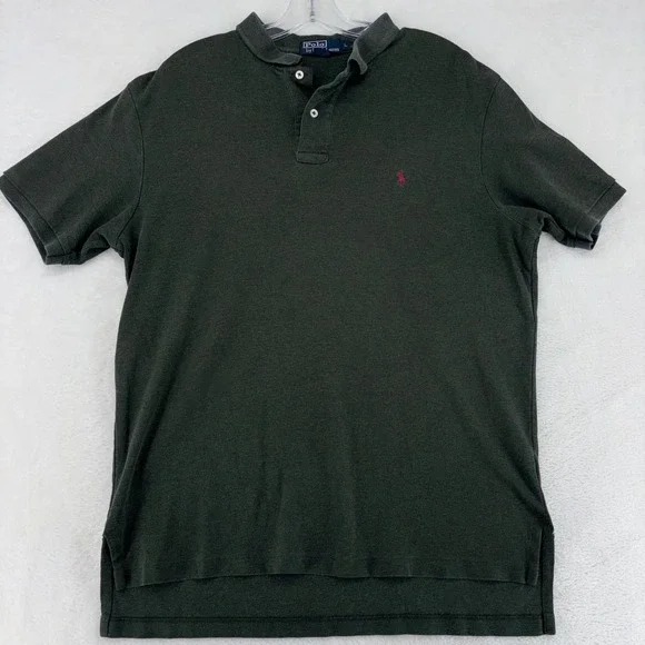 VTG Ralph Lauren Mens Large Forest Green Cotton Polo Shirt Maroon Pony Y2K Prep