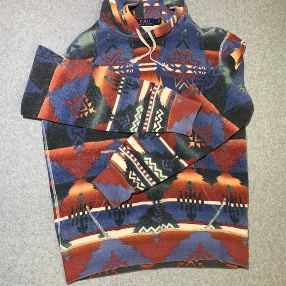 Polo Ralph Lauren‎ Mens M Aztec Fleece Hoodie Southwestern Pattern Blue Orange