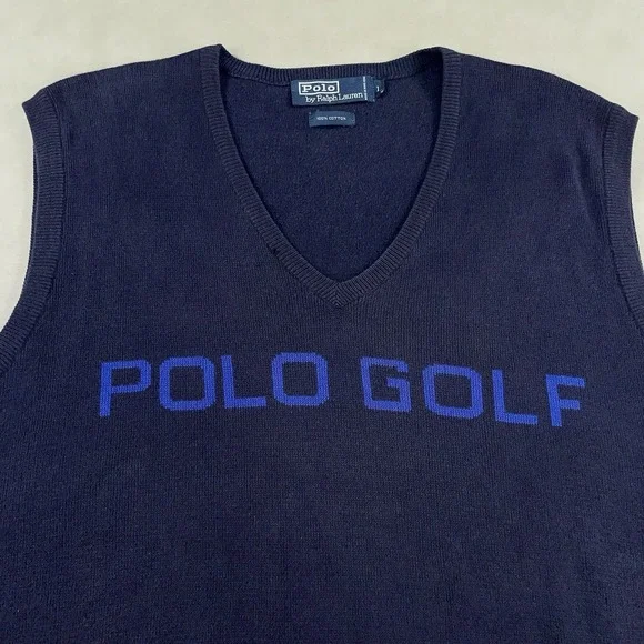 Vintage Polo Ralph Lauren Sweater Vest‎ Mens L Blue Knit Polo Golf Spell Out 90s