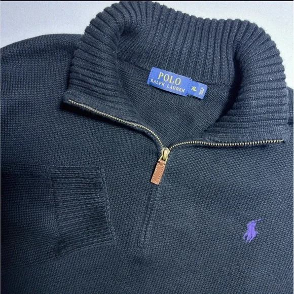 Polo Ralph Lauren Mens XL Black 100% Cotton Quarter Zip Pullover Sweater Pony