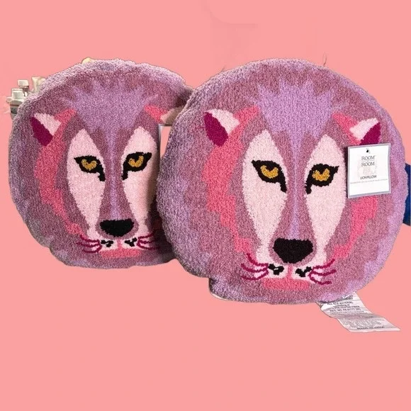 Set of Two Lion Face Embroidered Round Decorative Pillows 15x 15