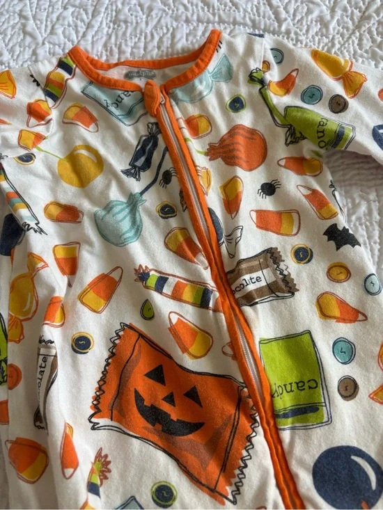 Mud Pie Halloween Candy Print Footed One-Piece - Orange/White/Yellow