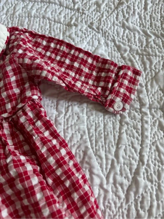 Stitchy Fish Red Gingham Baby One-Piece with White Collar