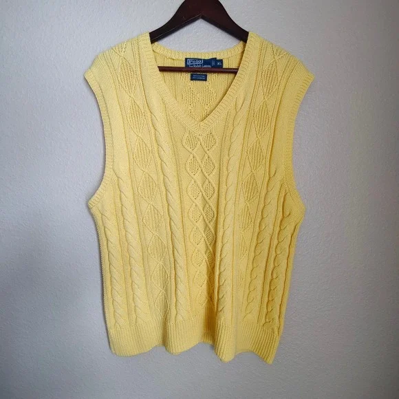 Polo Ralph Lauren Tennis Yellow Cable Knit Sweater Vest Cashmere Blend XL Preppy