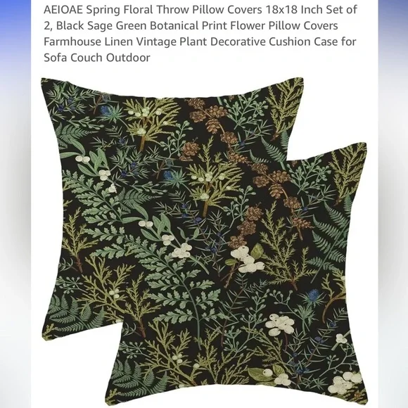 Boho green and black floral. 2 NWOT pillow covers 18x18 inch