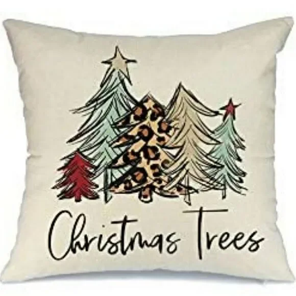 Christmas Pillow Cover Animal Print Christmas Trees • Linen Look • 18x18 • NWOT