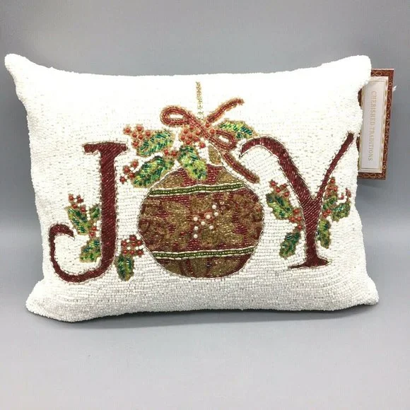 x2 Christmas JOY Holiday Beaded Throw Pillow Set Ornament Holly Berries Decor