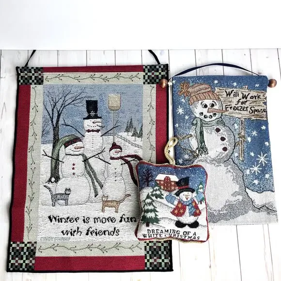 Vintage Tapestry Snowman Theme Tapestry Wall Hangings & Mini Pillow Lot Mismatch