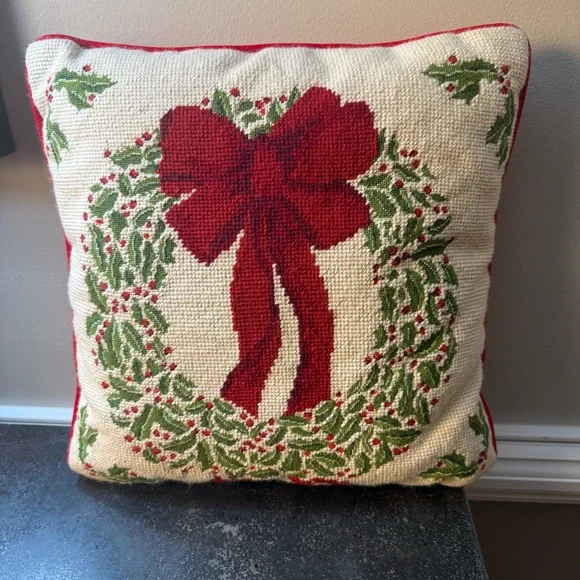 Holiday Wreath Needlepoint Pillow with Red Bow