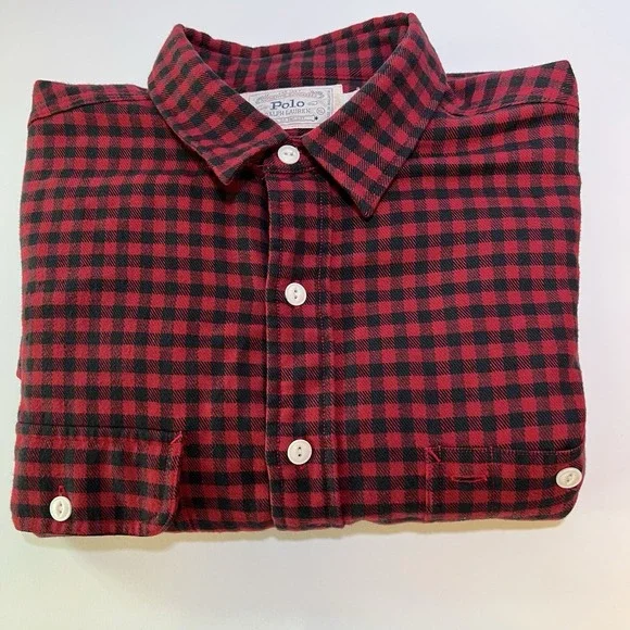 Polo Ralph‎ Lauren Mens Red Black Checkered Plaid Long Sleeve Button Down Shirt