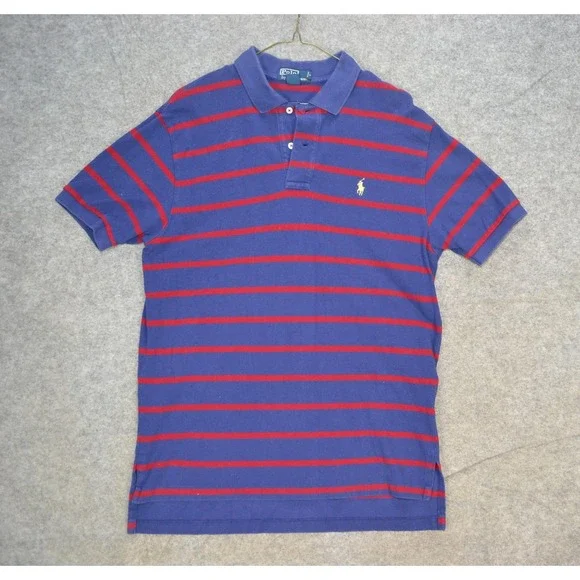 VTG Polo Ralph Lauren‎ Polo Shirt Mens L Blue Red Stripe Short Sleeve Hong Kong