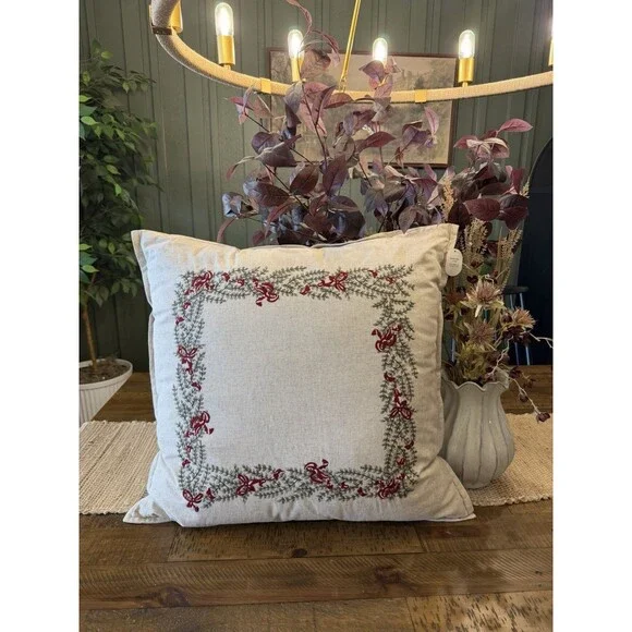 Natural Embroidered Green and Bows Pillow- 24 x 24