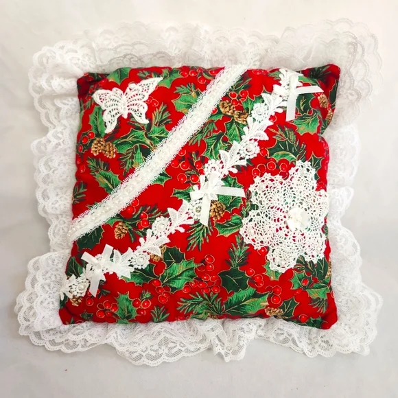 Holly Berry Pinecone Lace Christmas Accent Pillow