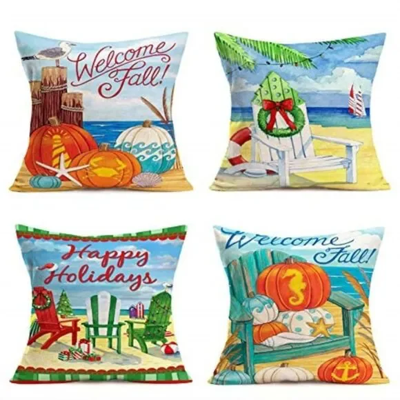 Set of 4 Welcome Fall Throw Pillow Covers Cotton Linen Ocean Beach Theme 18