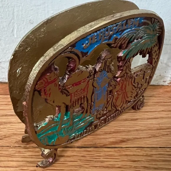 Vintage Brass Jerusalem Biblical Souvenir Napkin Holder