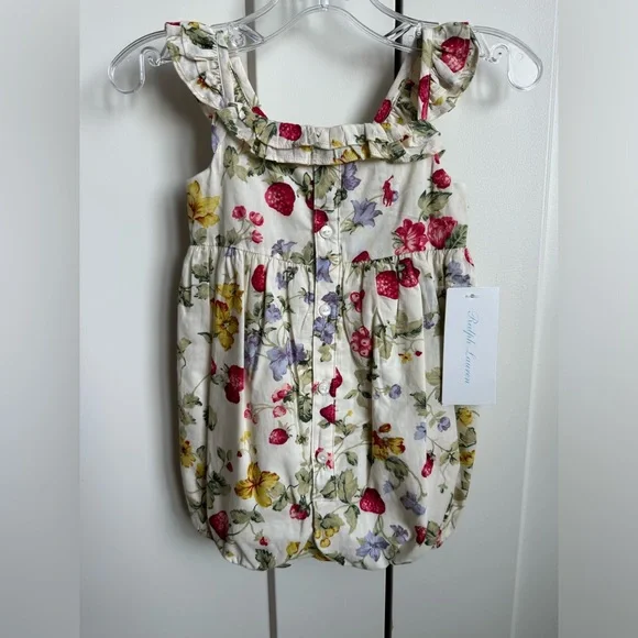 Baby Girl Ralph Lauren Flowers and Strawberries Bubble Shortall