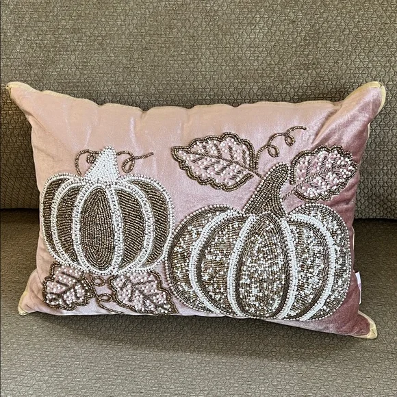 Harvest Moon Pink Beaded Pumpkin Velvet Pillow