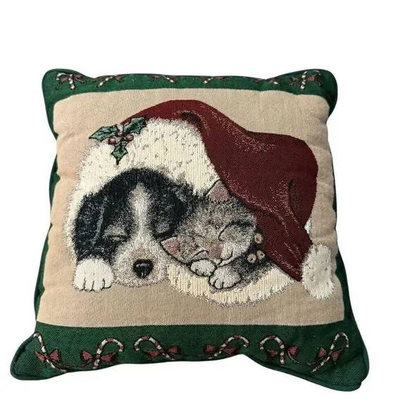 Newport vintage Tapestry Christmas Pillow - Puppy Kitten Santa Hat 16