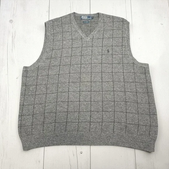 Vintage Polo Ralph Lauren Mens XL Grey Windowpane Plaid Wool V-Neck Sweater Vest