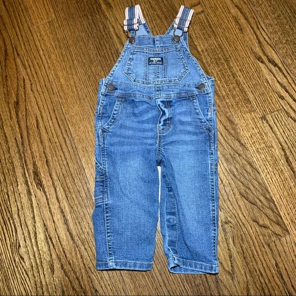 Oshkosh Infant‎ Denim Overalls Red Blue White Striped Straps Size 12m