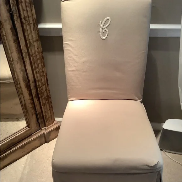 BALLARD DESIGN TAUPE TWILL PARSONS CHAIR COVER. WHITE EMBROIDERED “C”