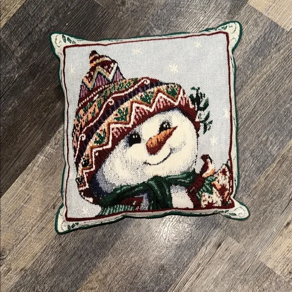 Festive Snowman Pillow with Colorful Knit Design