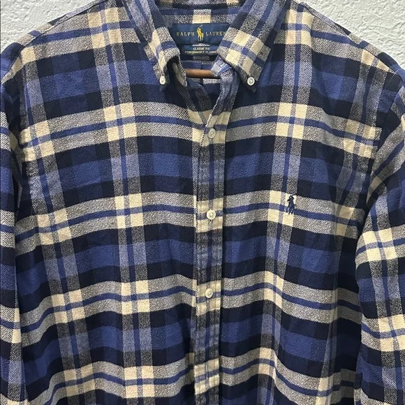 Polo‎ Ralph Lauren Shirt Mens Medium Blue Gray Plaid Flannel Button Up Preppy
