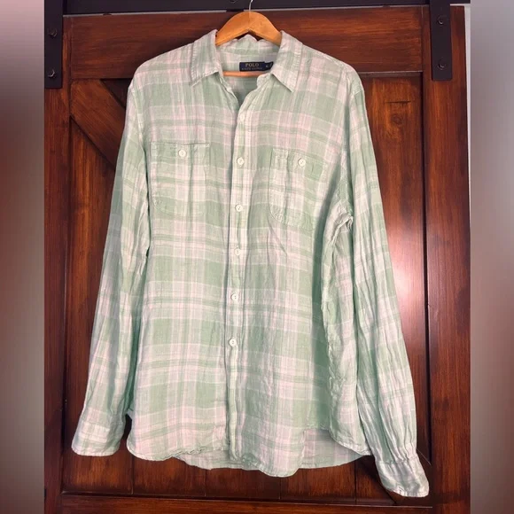 Polo Ralph Lauren Linen‎ Light Green and White Plaid Men's XL Long Sleeve Shirt