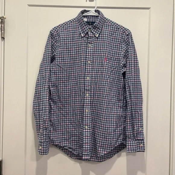 Polo Ralph Lauren Mens Small Plaid Button Down Shirt Navy Pink Teal Long Sleeve