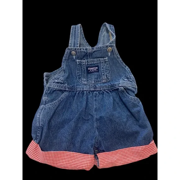 Oshkosh B'Gosh Denim Jean Shortalls Overalls Size 12M Red Gingham Bottom Vintage