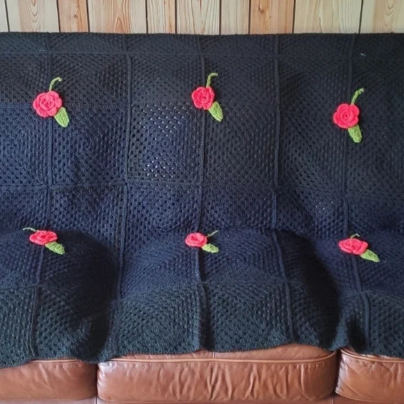 Early 1990's Crocheted Afghan, Red Flower on Black for floor or furniture
