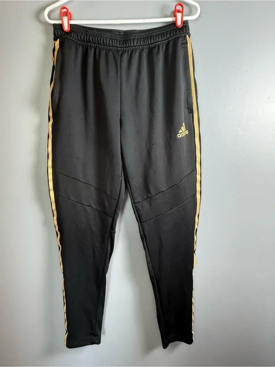 Adidas Aeroready Mens Sereno Slim Tapered-Cut 3-Stripes Pants Black/Gold Sz M